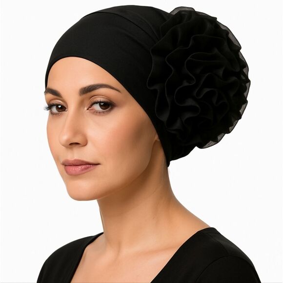 Black Ruched Knit Hat Or Hair Cover - Picture 1 of 8